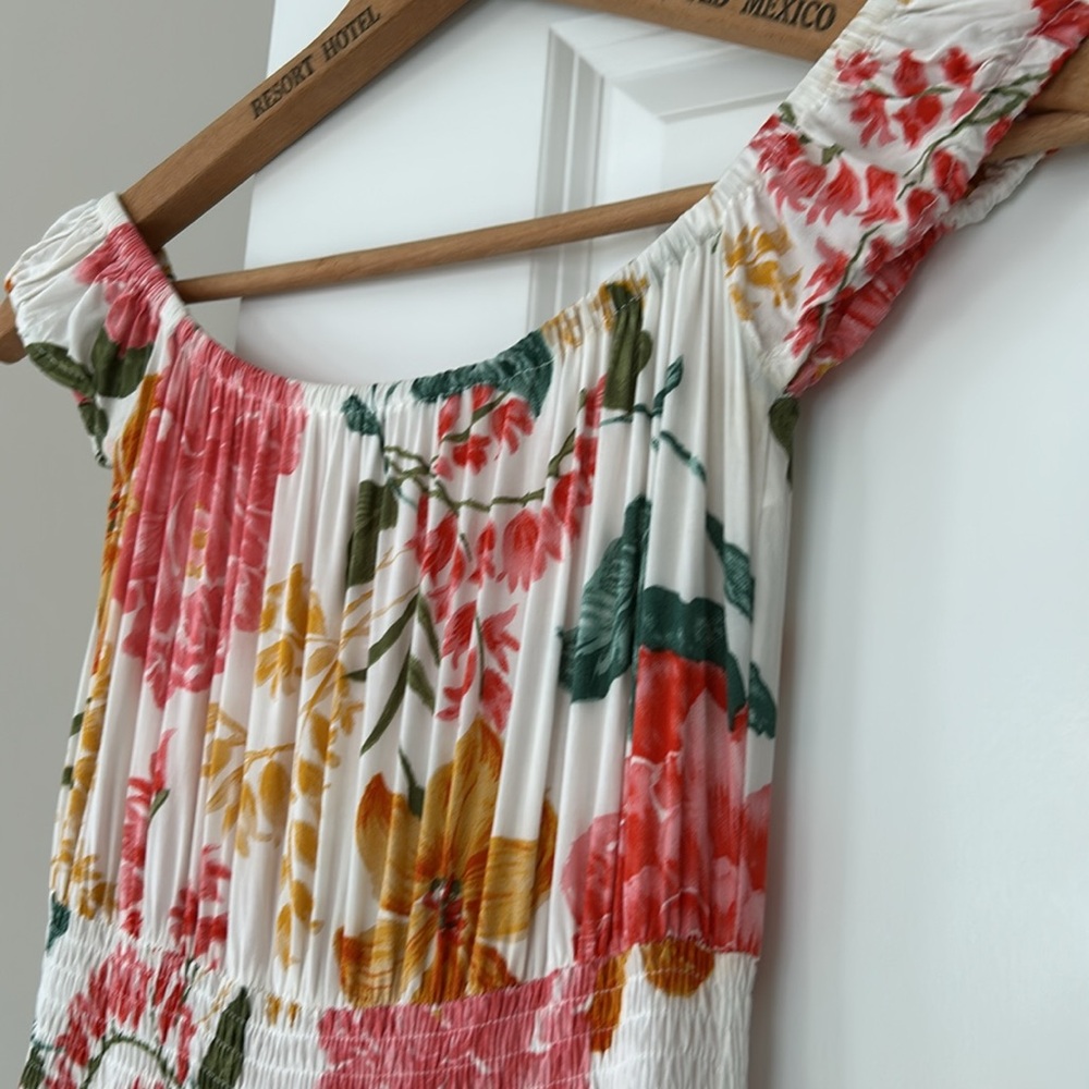 Anthro's Abel the Label Off the Shoulder Garden Party Maxi Dress w Smocked Waist - Picture 4 of 13